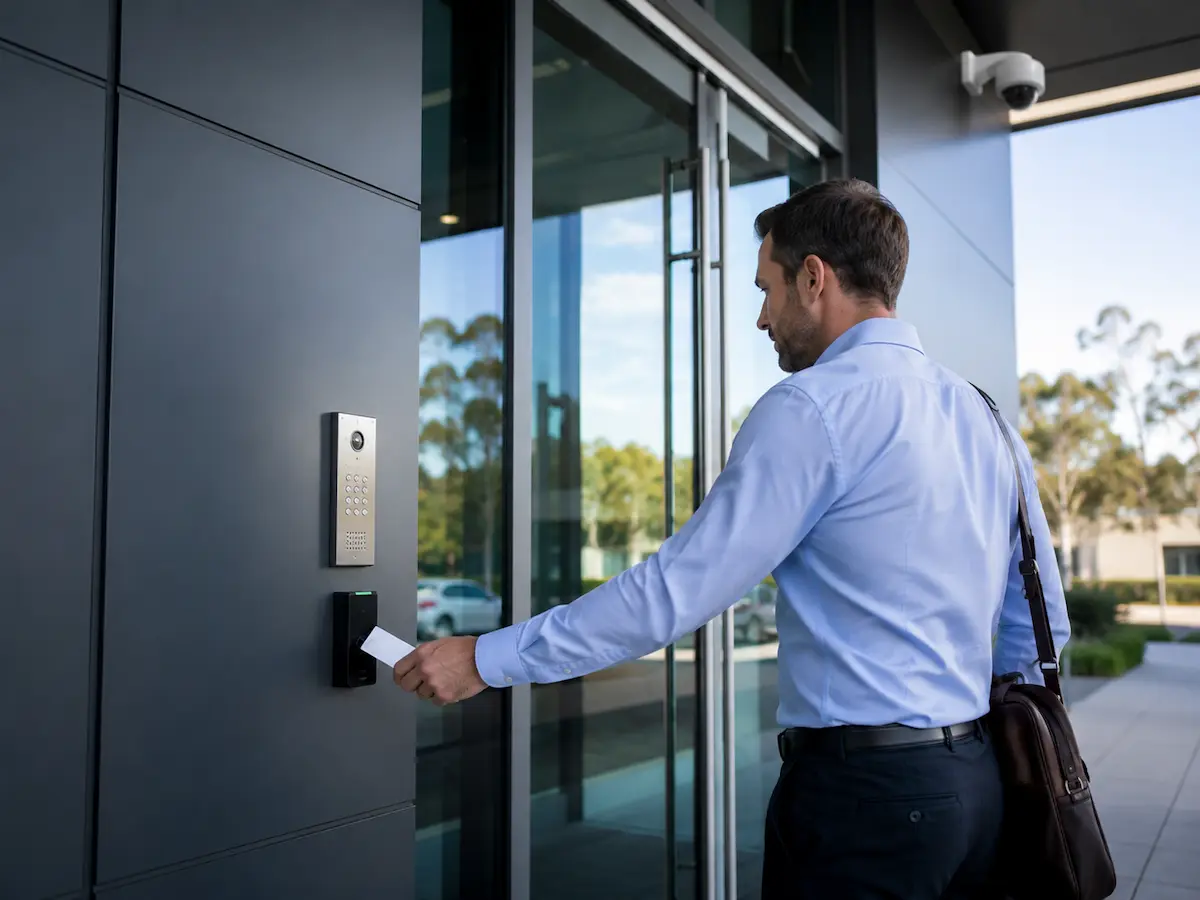 Modern commercial access control system at a business entrance with secure reader access