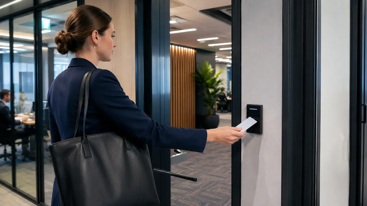 Access control reader installed at an office entrance door