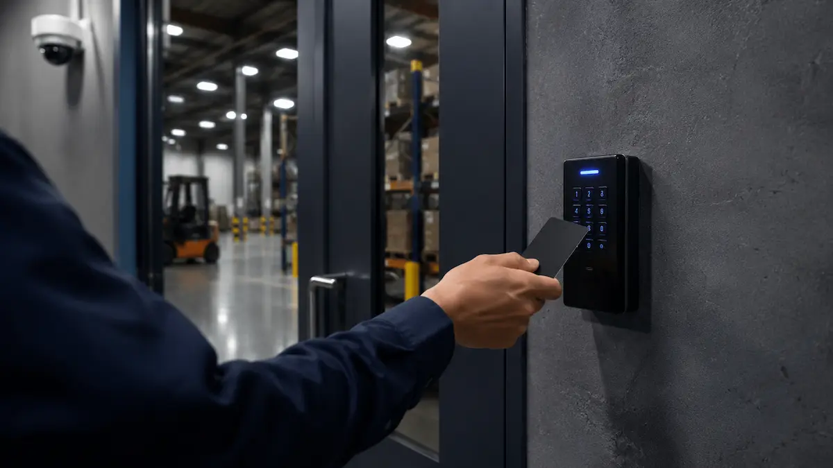 Access controlled warehouse entry and restricted commercial area