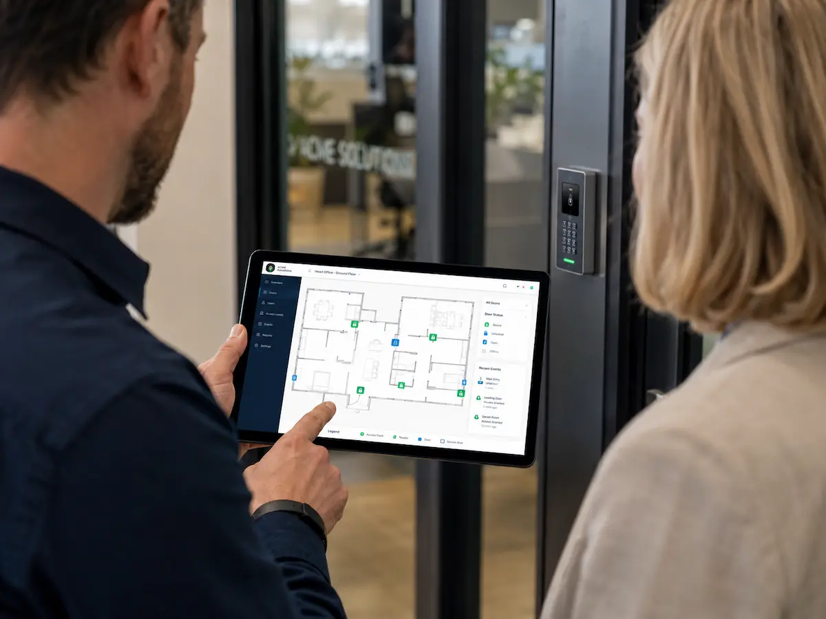 Sunstate Security consultant reviewing access control requirements with a property manager