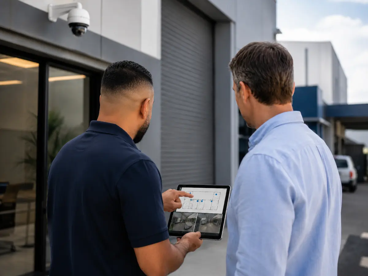 Sunstate Security technician reviewing CCTV system requirements with a property manager