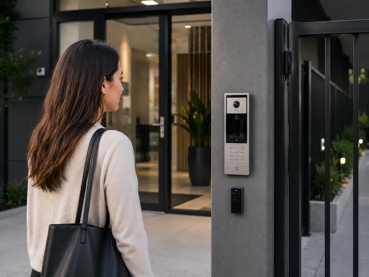 Modern video intercom door station installed at a secure property entrance