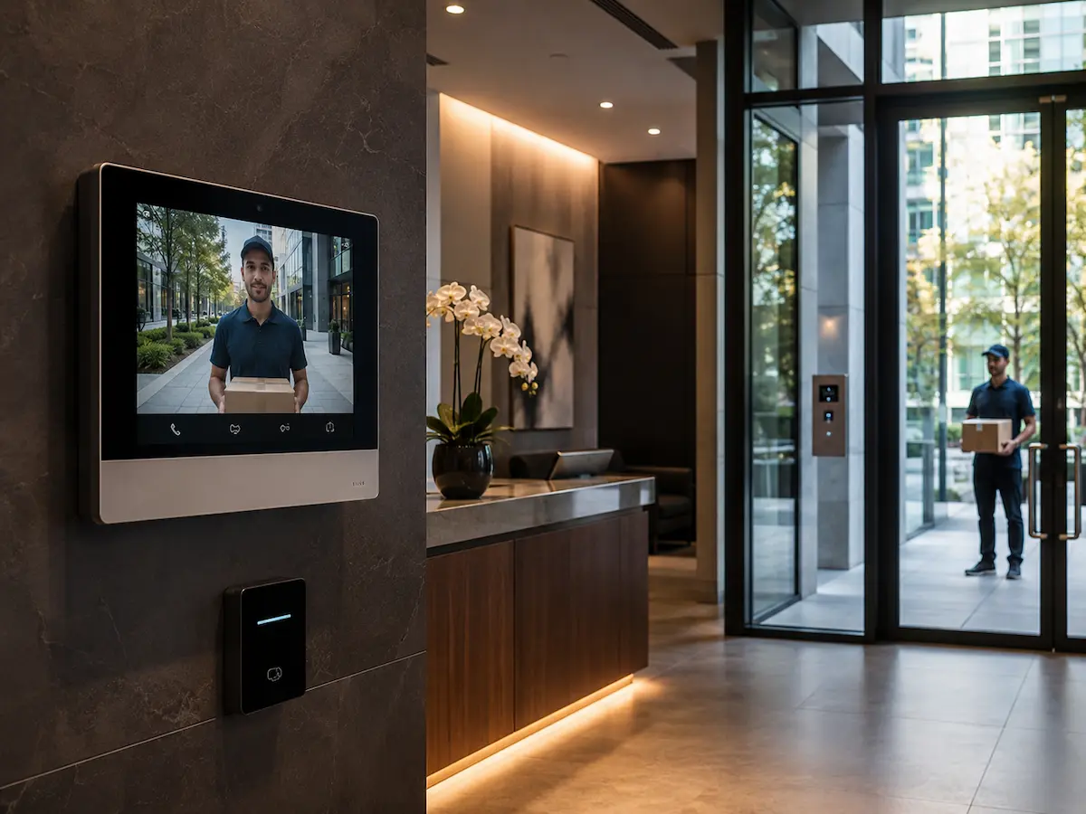Integrated intercom system connected with access control door release face terminal and CCTV entry context