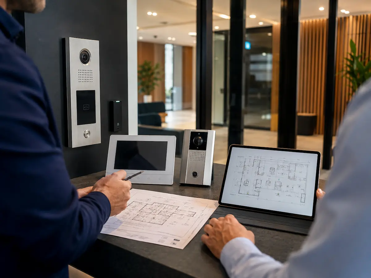 Intercom system consultation and entry workflow planning for a commercial property