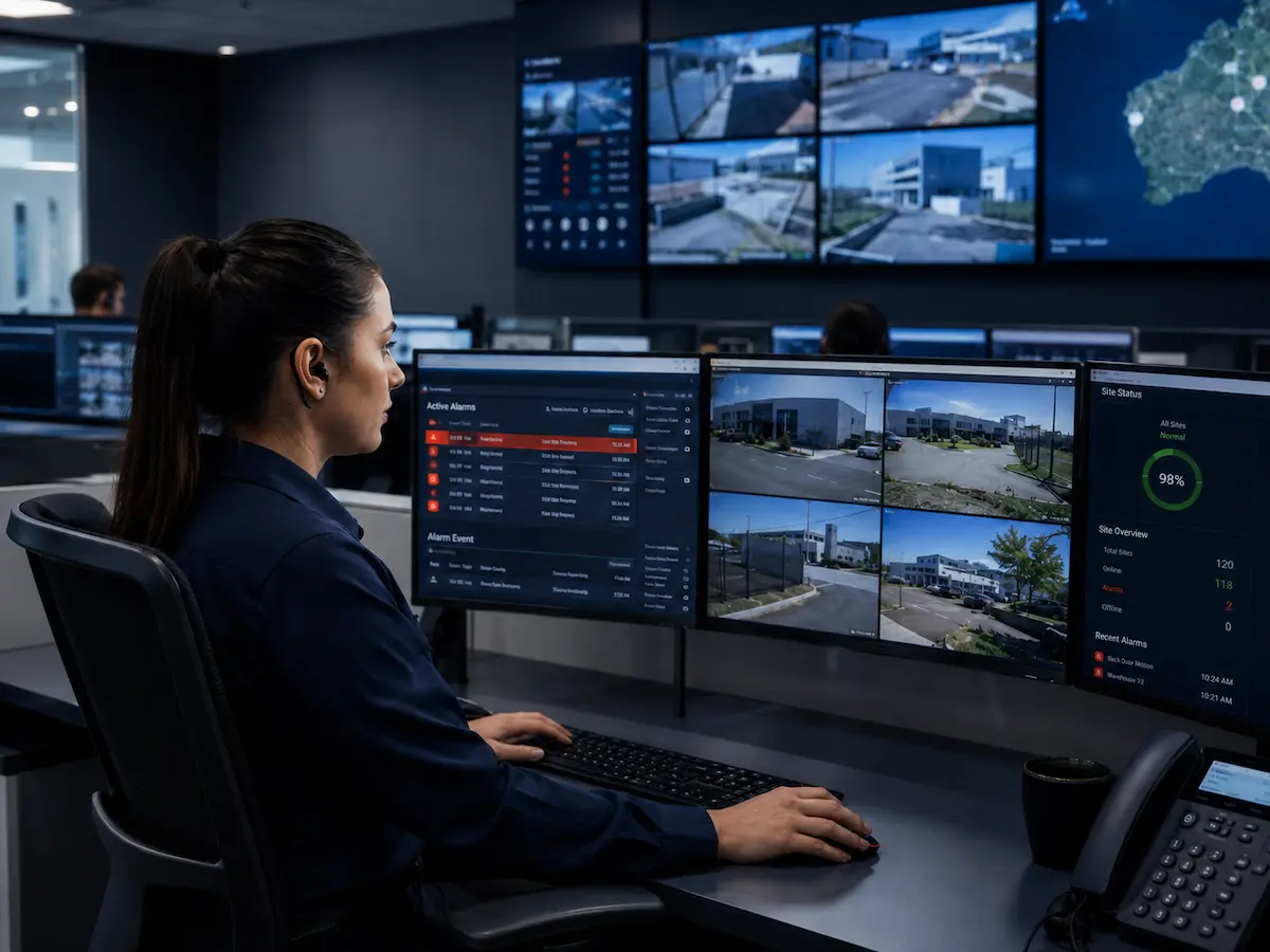 Security monitoring operator reviewing alarm and video verification events