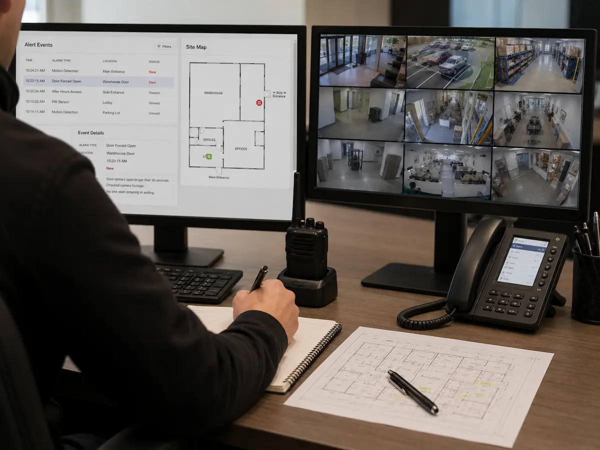 Commercial monitoring setup review with alarm, CCTV and response planning