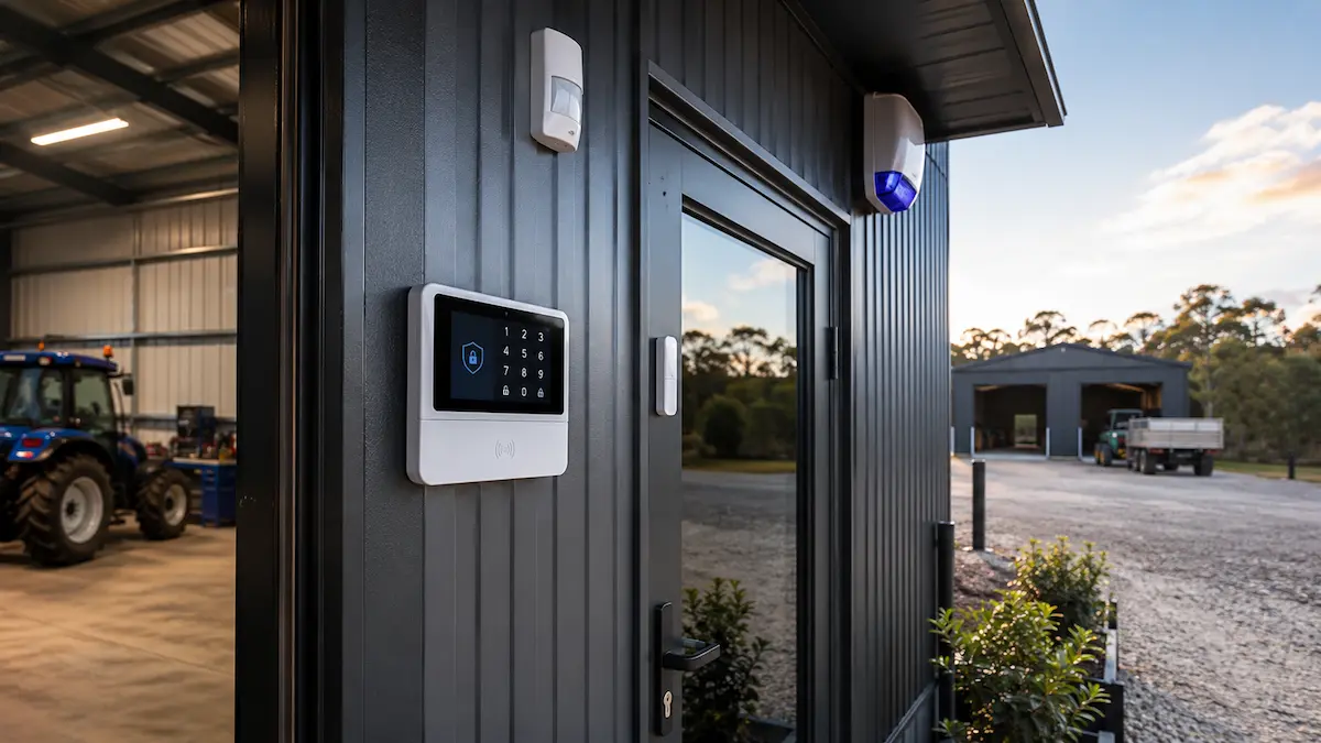 Alarm system protecting a rural shed, farm workshop or outdoor asset area