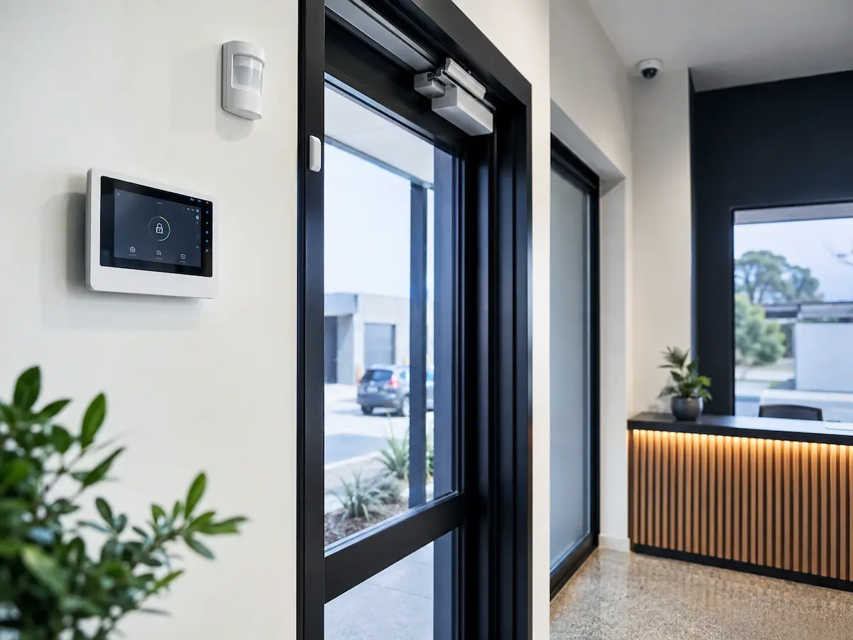 Modern security alarm system with keypad and sensors installed at a commercial property