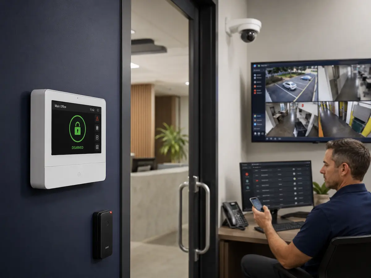 Integrated alarm system connected with CCTV access control and monitoring workflows