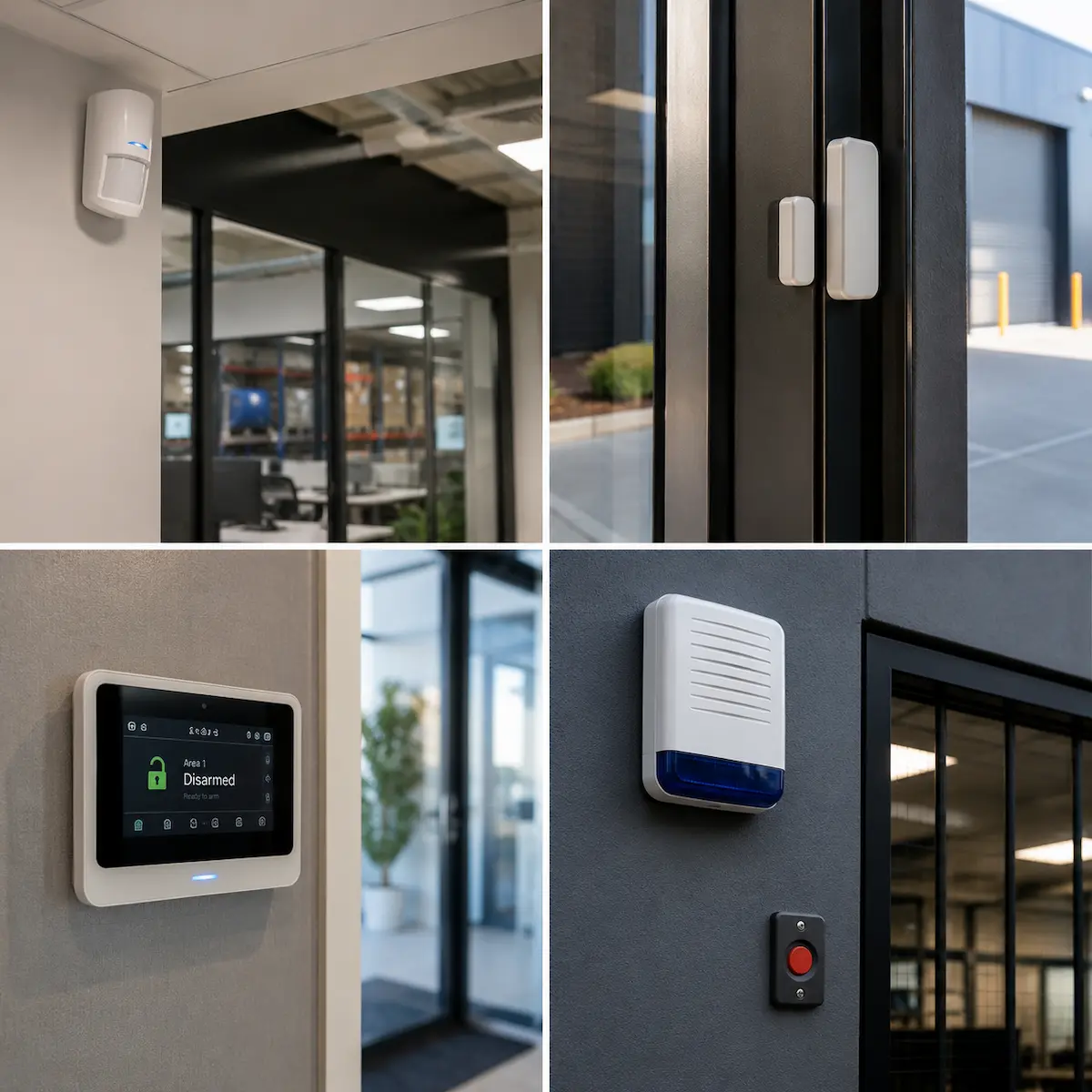 Security alarm sensors including motion detection, door contacts, keypad and siren devices