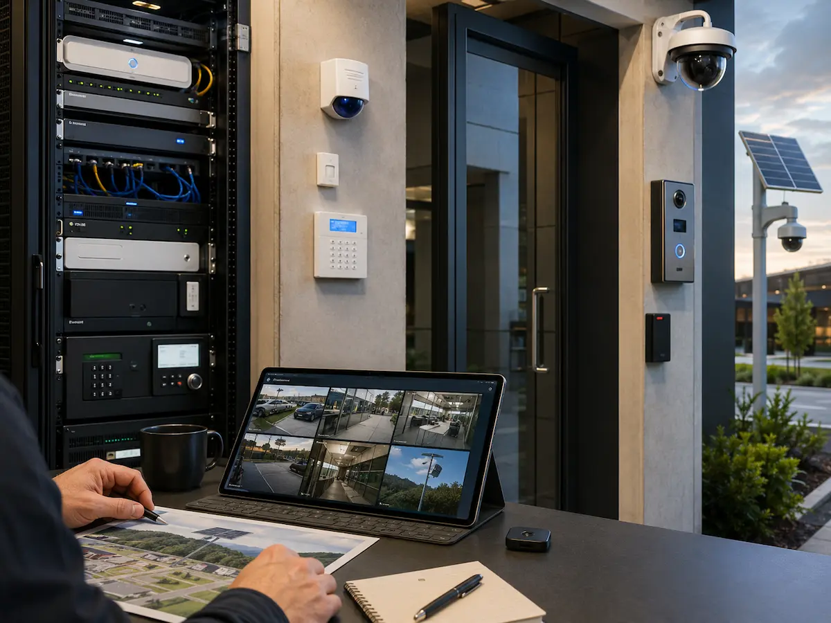 Professional security services including CCTV alarms access control intercoms monitoring and solar powered surveillance