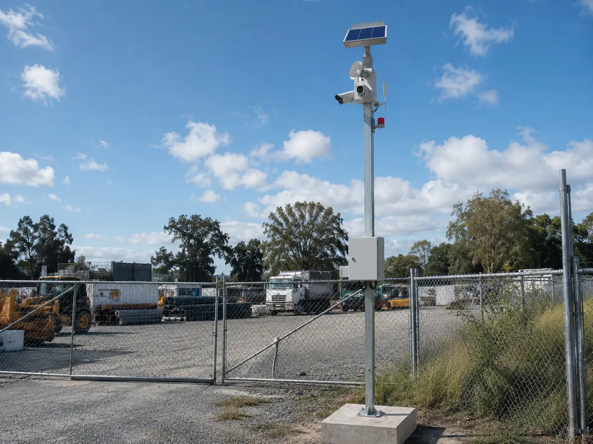 Solar powered CCTV system with solar panel battery enclosure active deterrence camera and communications hardware