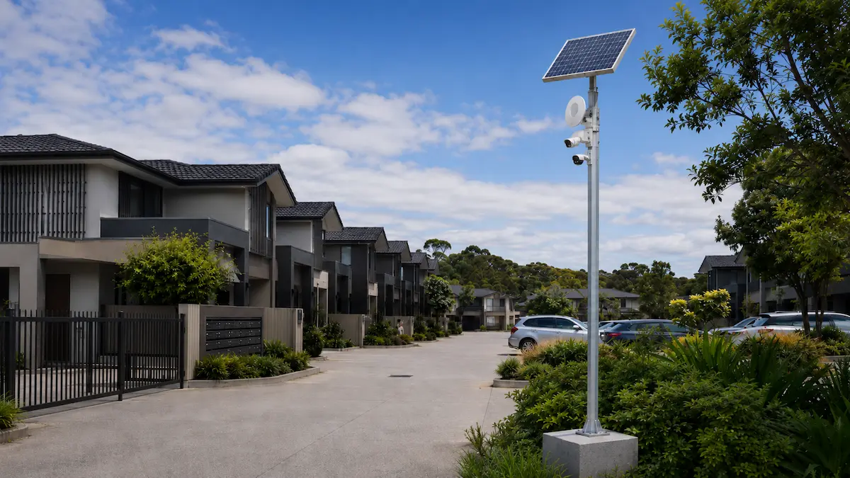 Solar powered CCTV system protecting shared areas in a townhouse unit or body corporate complex