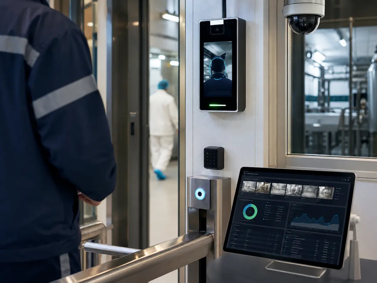Face recognition time attendance and SafePassAI hygiene compliance workflow with event records and controlled entry