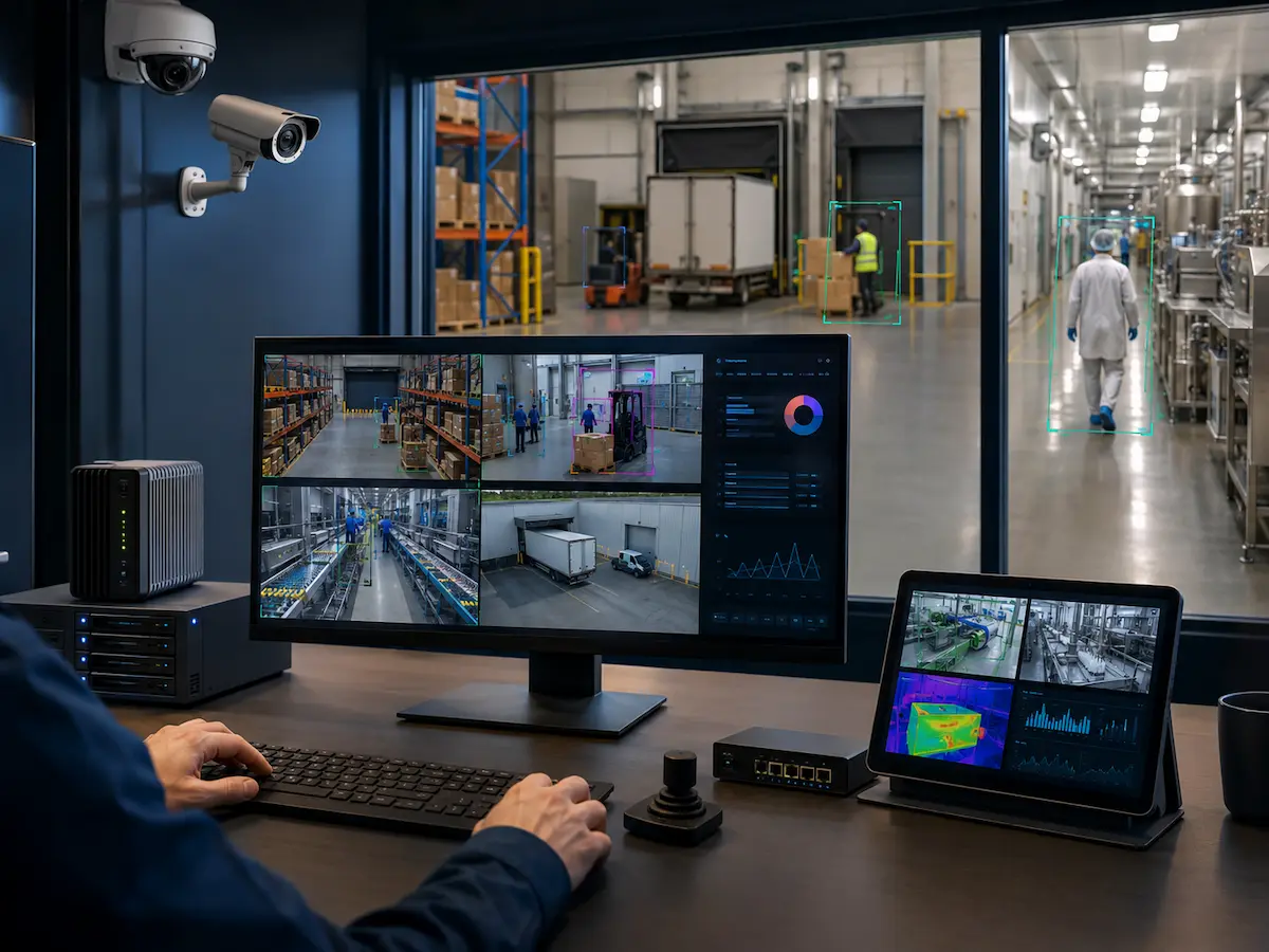 AI machine vision and automation workflow with CCTV analytics face recognition compliance monitoring edge camera apps and industrial quality inspection