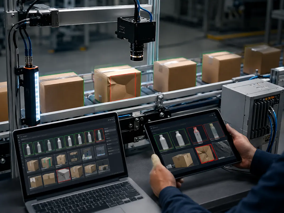 Machine vision production quality control for damaged boxes deformed cartons defective bottles and inspection events