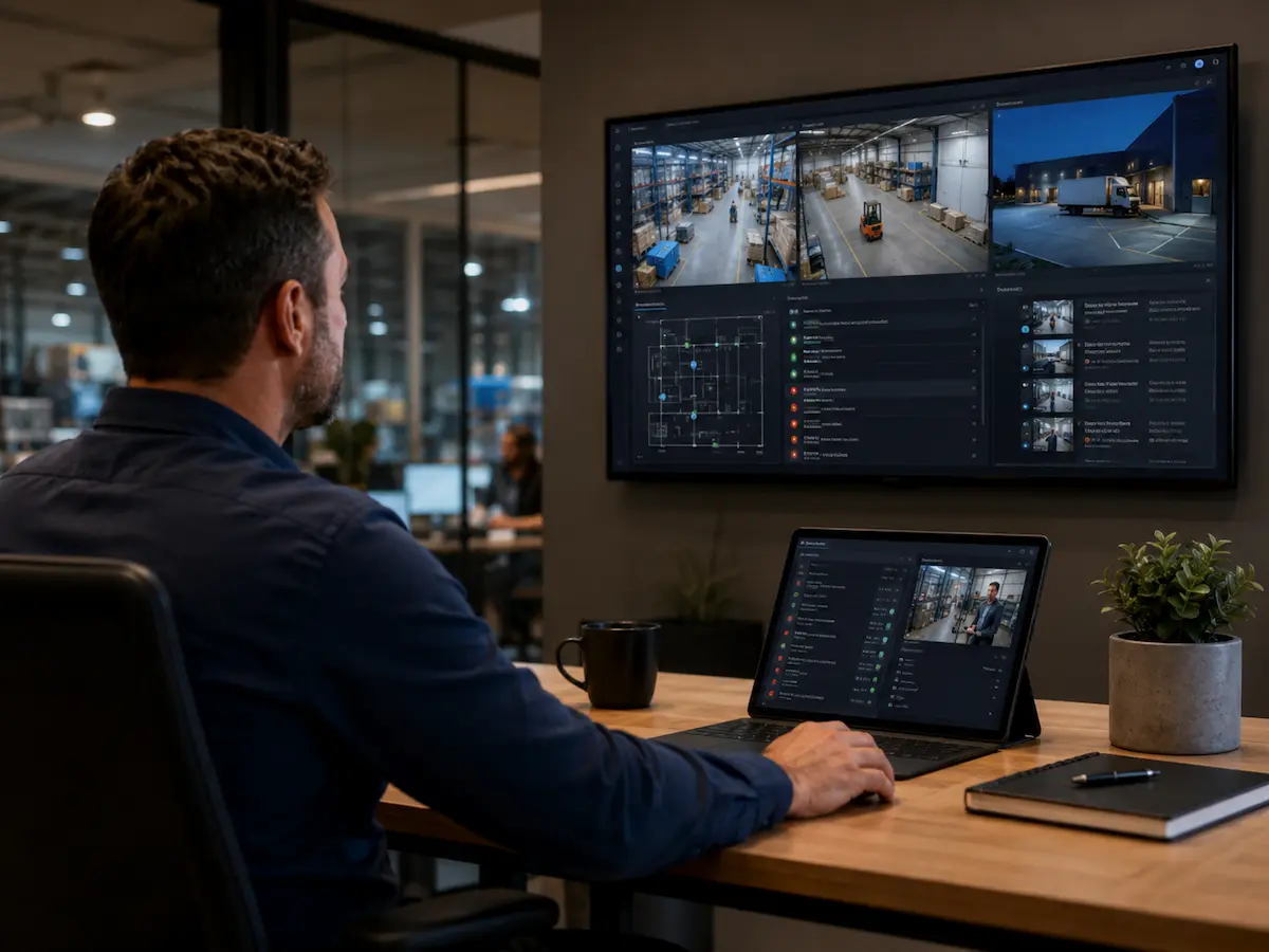 Business manager reviewing commercial security visibility and access events