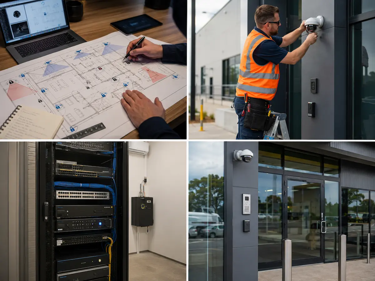 Commercial security system installation with cameras, access control and site integration