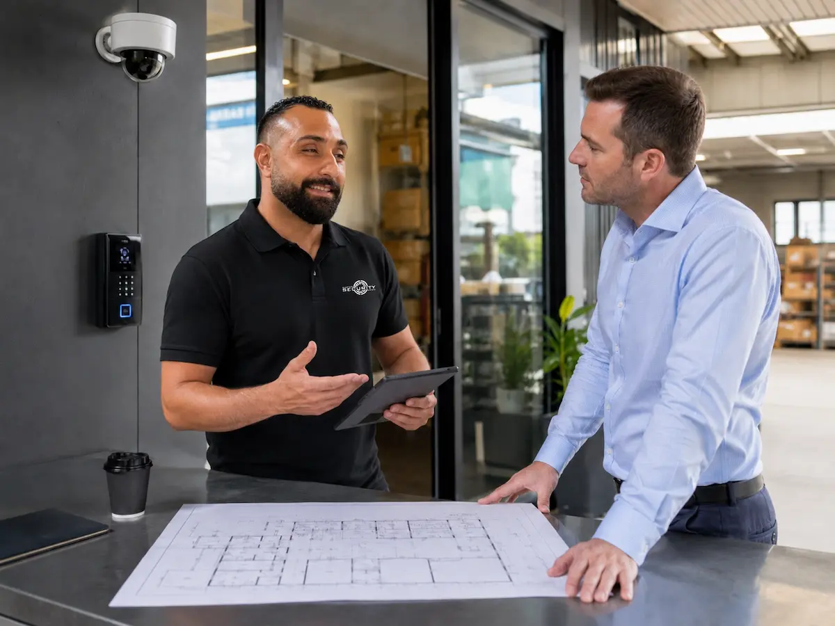 Sunstate Security consultant reviewing commercial security requirements with a business manager