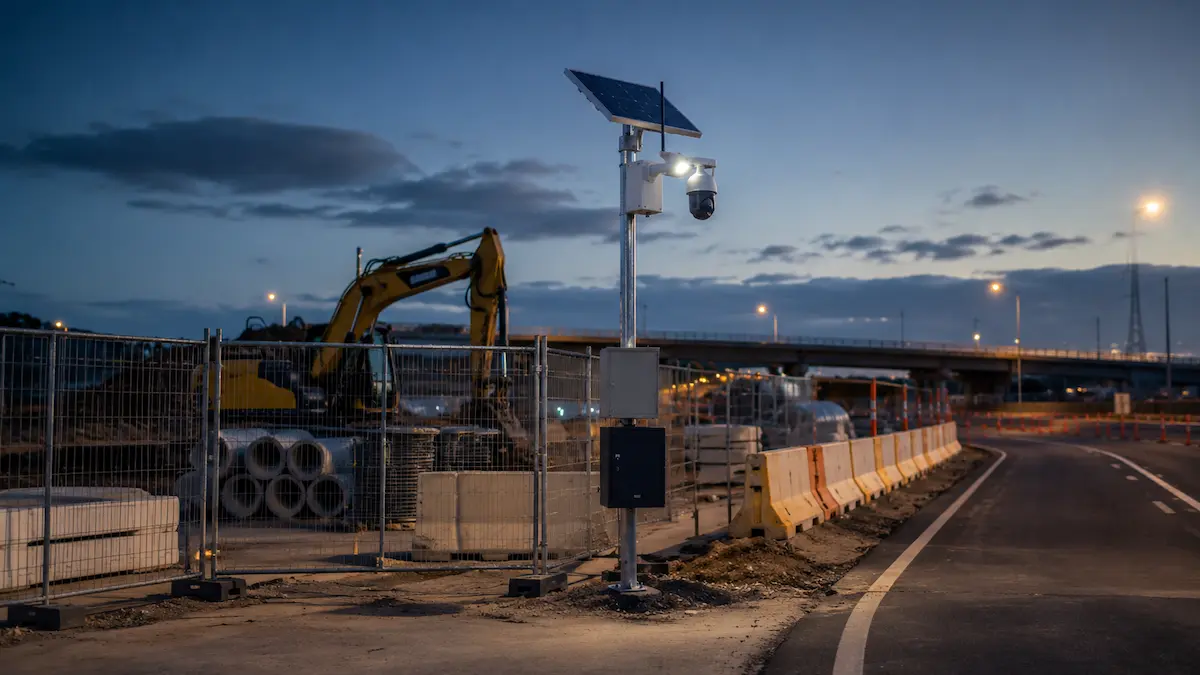 Construction materials tools machinery and equipment storage protected by temporary CCTV