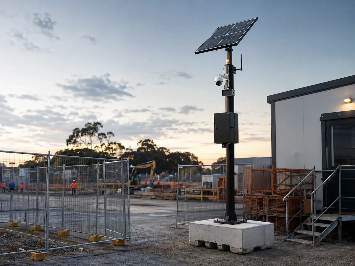 Rental solar surveillance pole installed for temporary construction site security