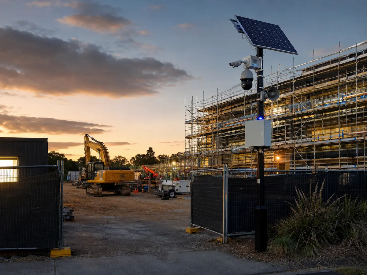 Temporary construction site security with solar powered CCTV active deterrence and monitoring-ready protection