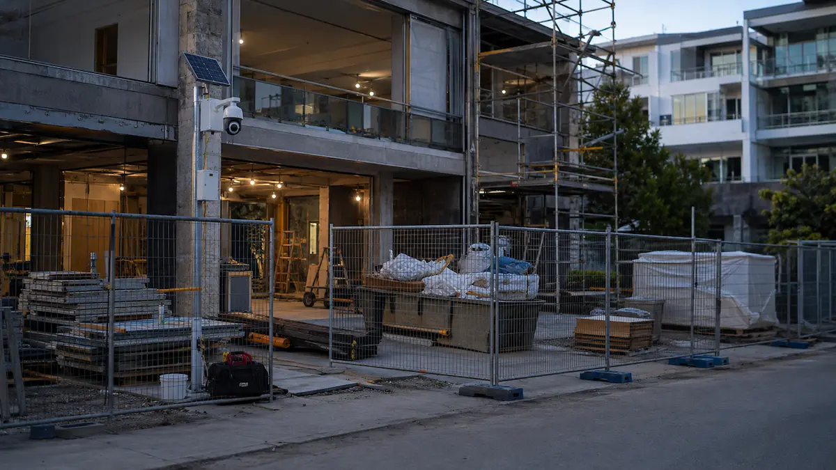 Solar powered CCTV protecting temporary construction compounds site offices and containers