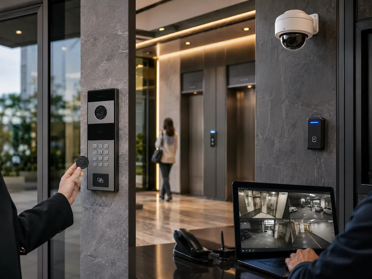 High-rise building CCTV access control video intercom and lift access integration for residents visitors and building management