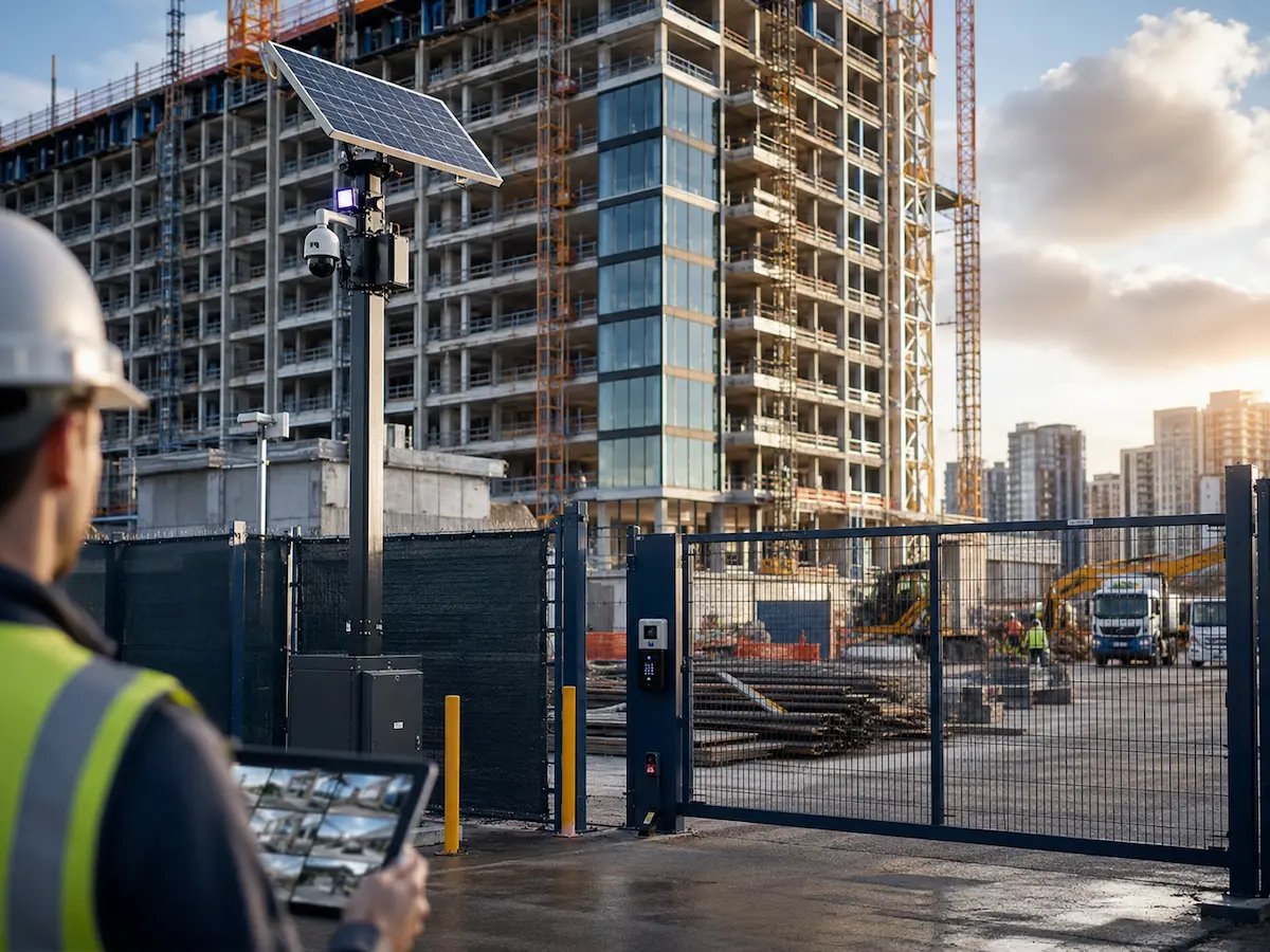 High-rise construction stage temporary security with solar surveillance CCTV site gate access control remote viewing and monitoring