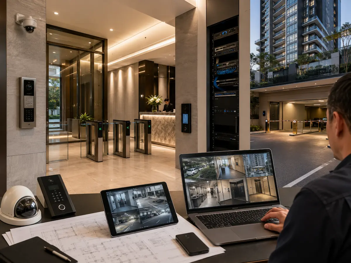 High-rise development security systems with CCTV intercom access control lift integration and building handover infrastructure