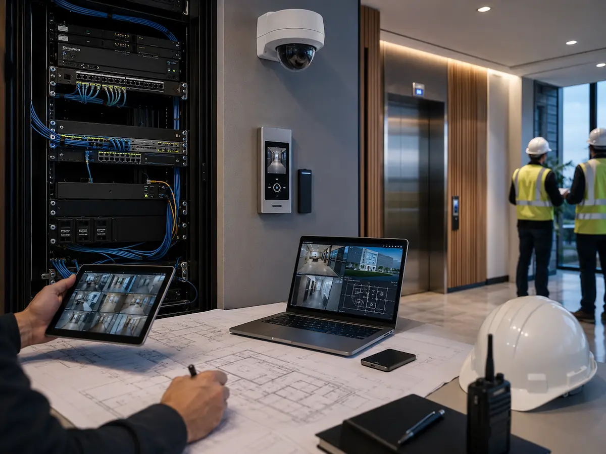 High-rise development security coordination with CCTV intercom access control lift integration networking and handover planning