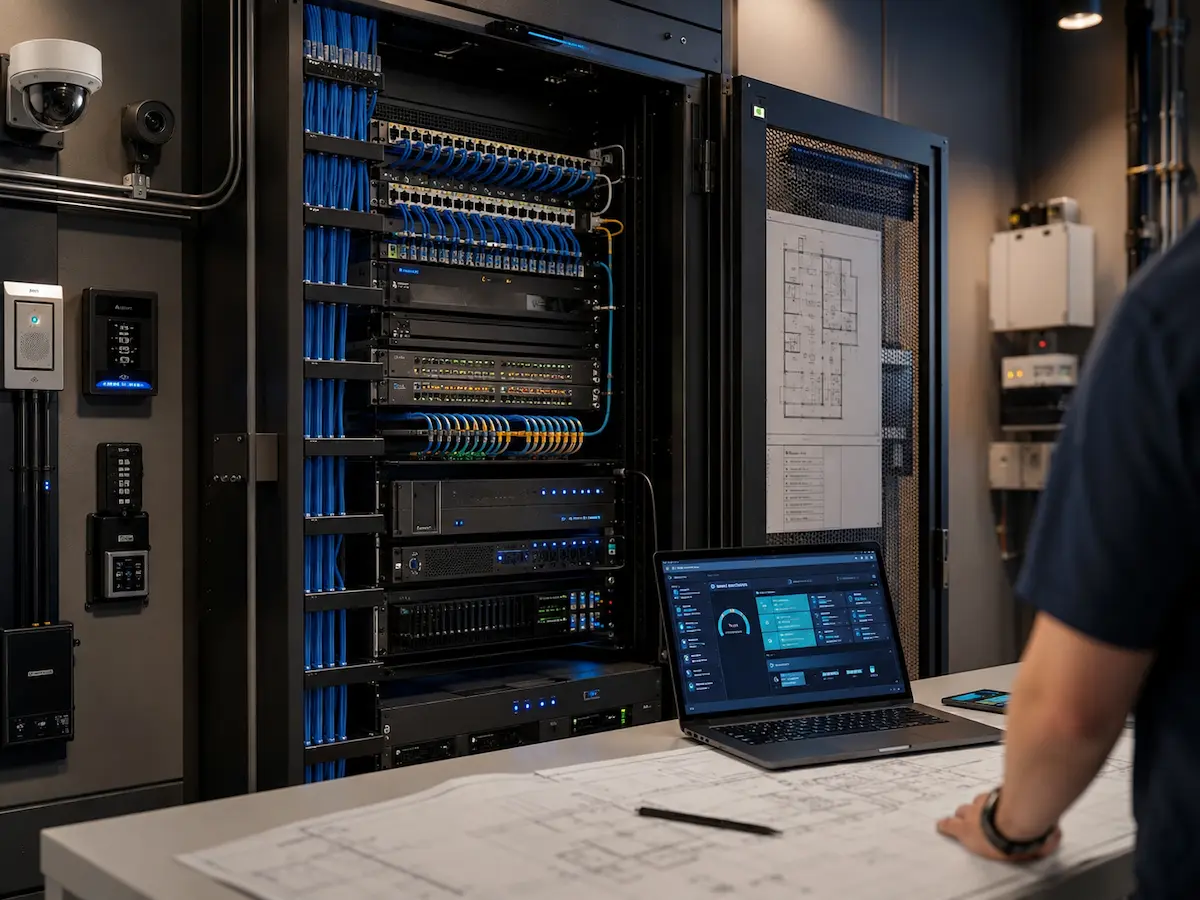 High-rise security networking communications infrastructure with structured cabling fibre backbone equipment rack UPS server and NVR planning