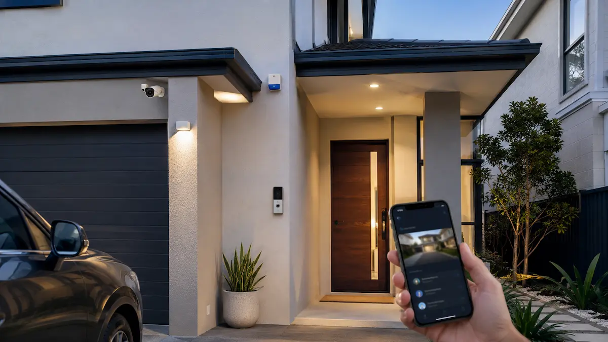 Integrated security for a family home or townhouse with CCTV alarm and app alerts