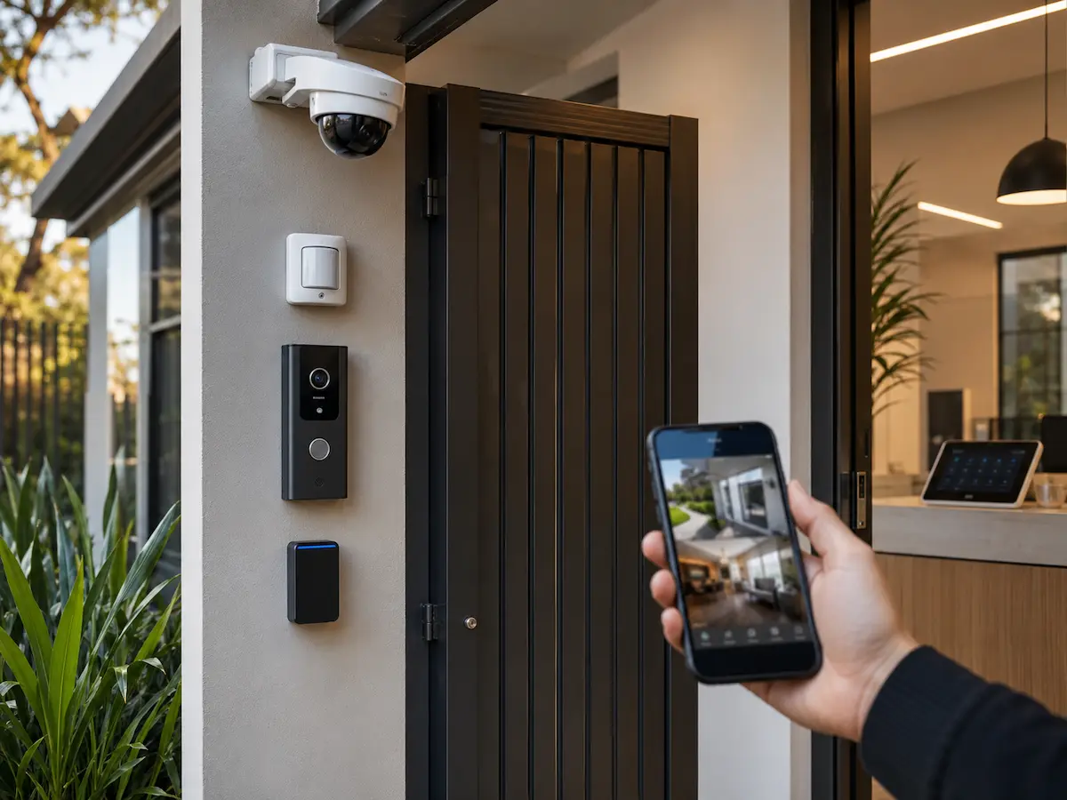 Integrated CCTV alarm intercom access control and app-based security for a home or small business