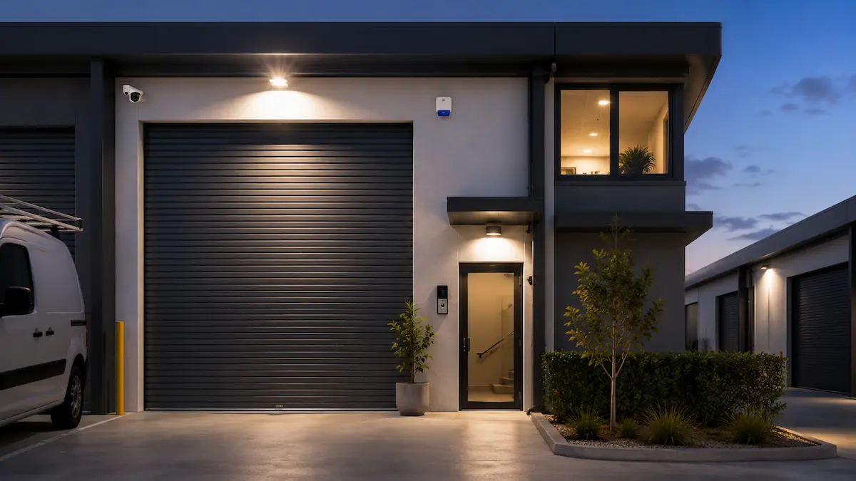 Small warehouse unit or mixed-use business security with CCTV alarm and access control