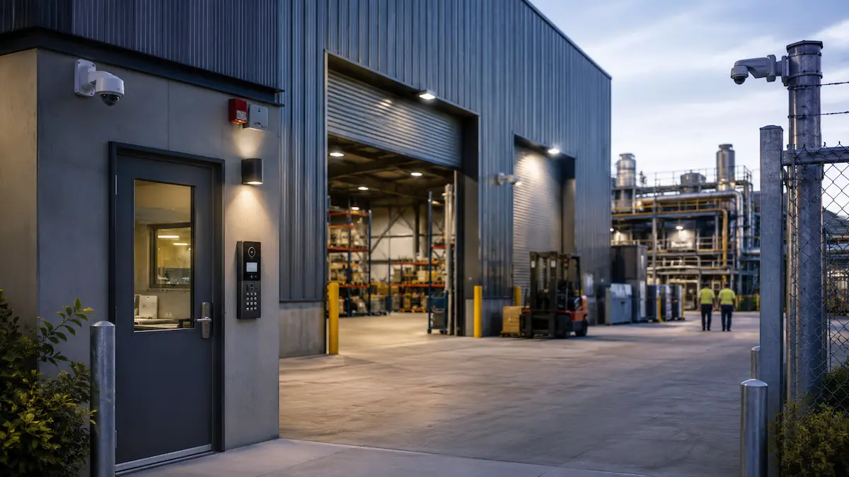 Manufacturing and production facility security with CCTV alarms and controlled access
