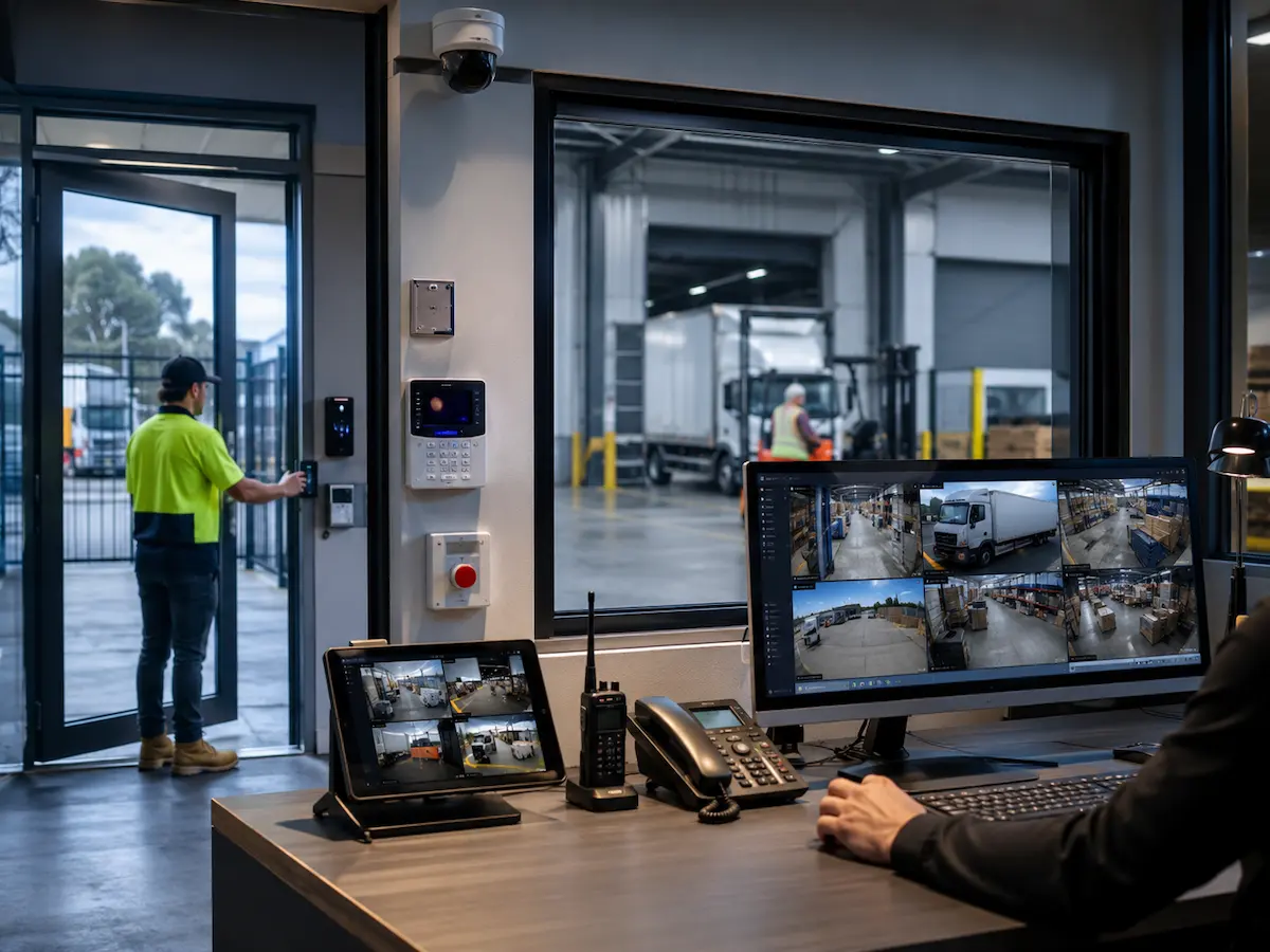 Industrial warehouse security workflow with CCTV access control alarm events monitoring and response planning