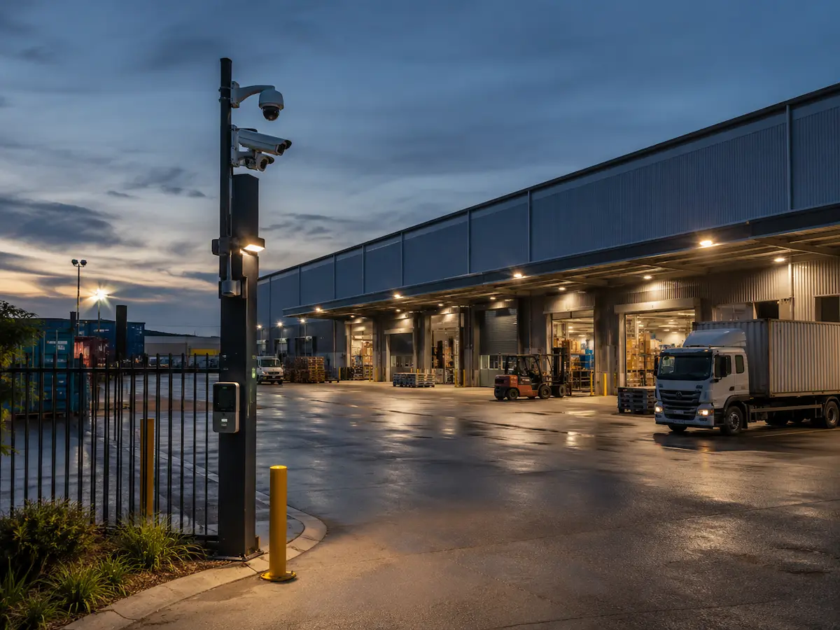 Industrial warehouse perimeter yard loading dock and roller door security with CCTV active deterrence and monitoring-ready protection