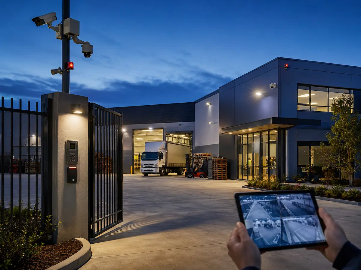 Industrial warehouse security with CCTV access control active deterrence and monitoring-ready protection