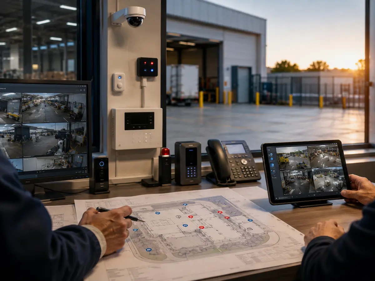Industrial warehouse security planning with CCTV access control alarms monitoring and site-specific design