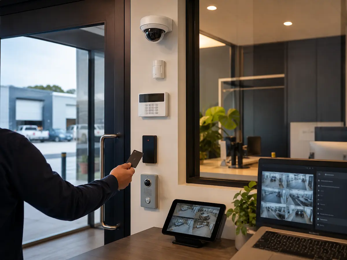 Integrated CCTV alarms and access control working together at a secure entry