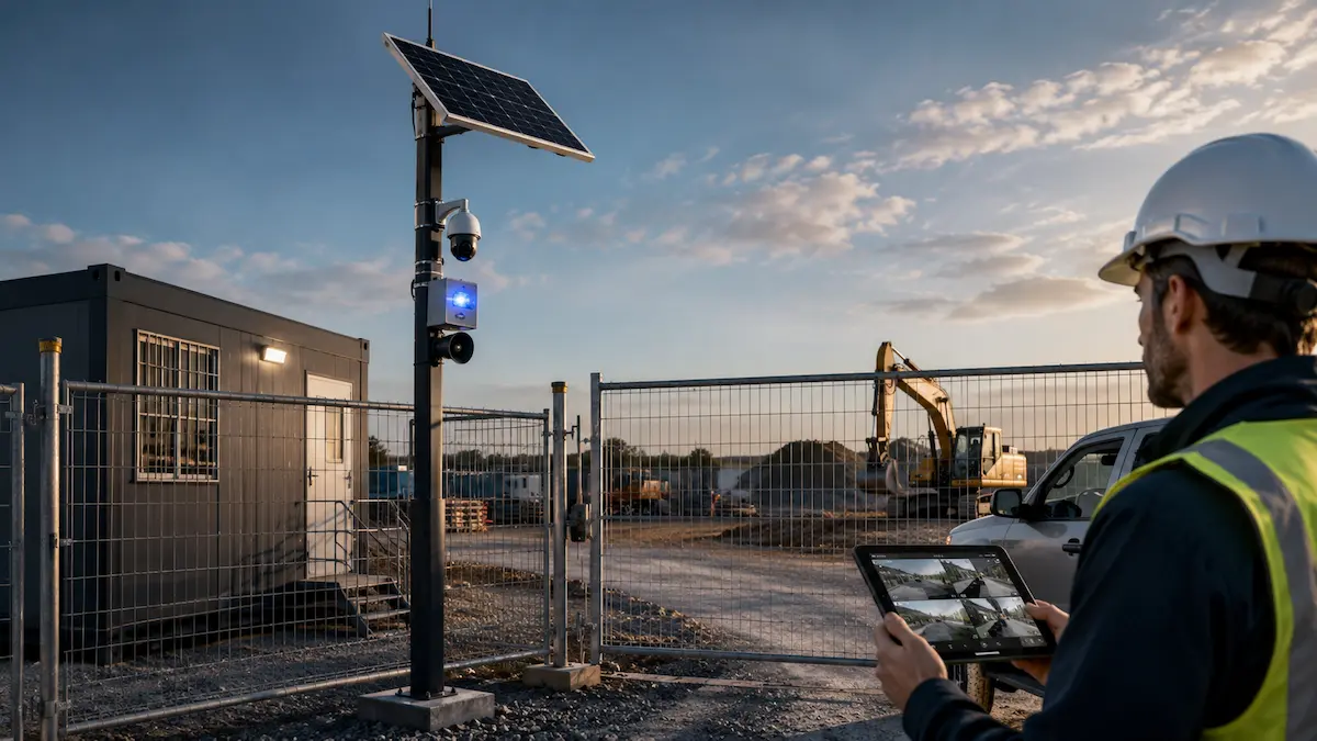 Integrated temporary construction site security with CCTV solar surveillance active deterrence and monitoring