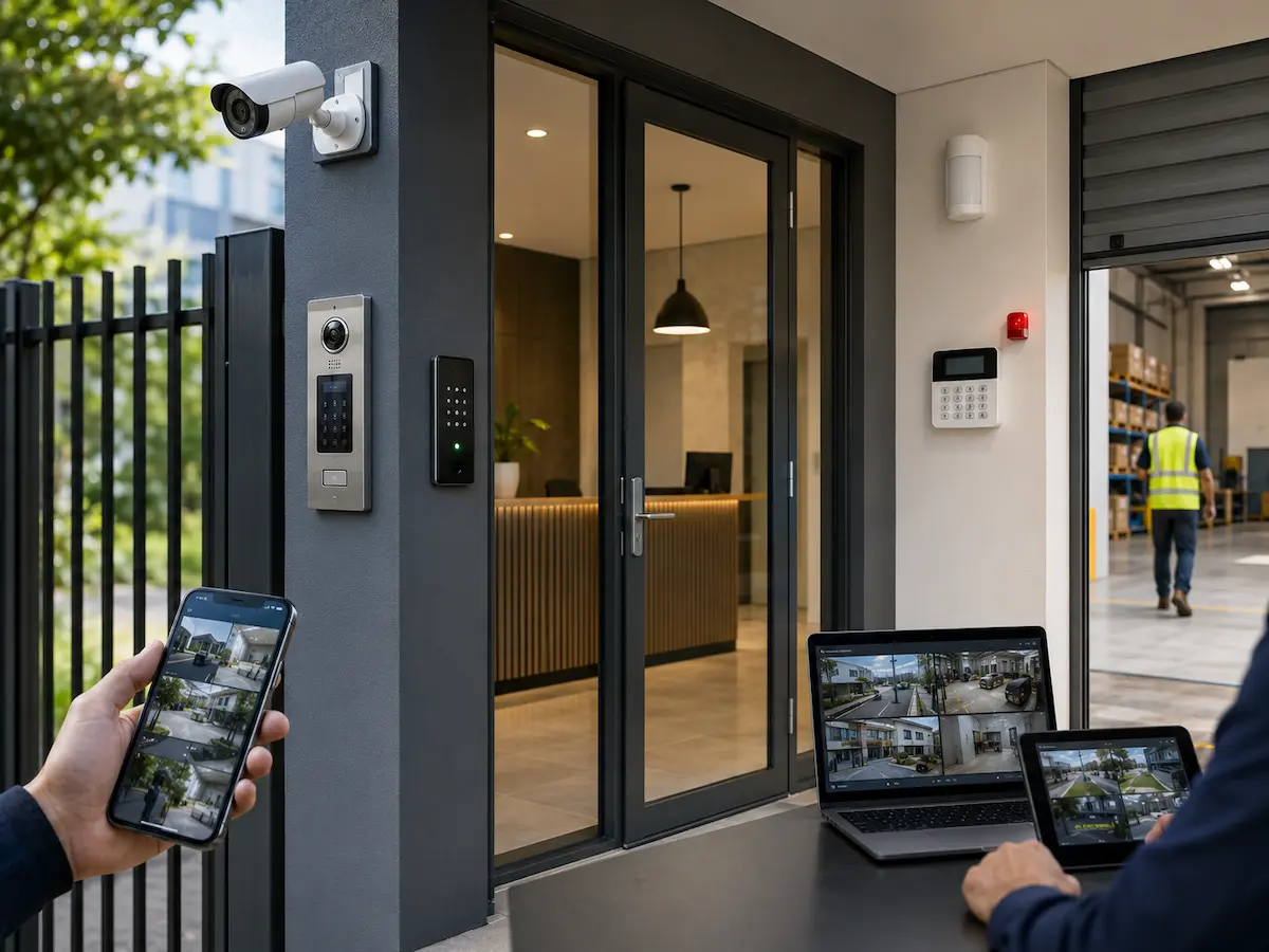 Integrated security system with CCTV alarms access control intercom monitoring and app-based alerts