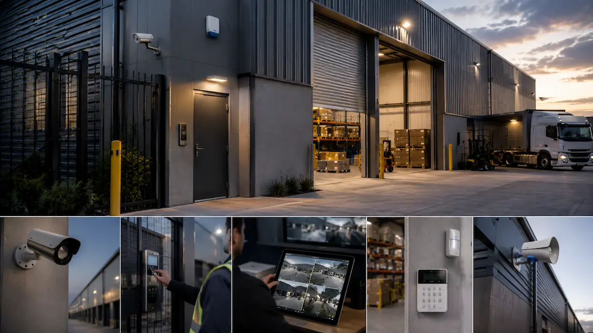 Integrated warehouse and industrial site security with CCTV access control alarms and active deterrence