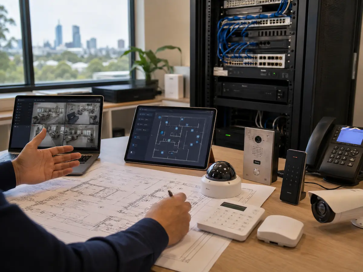 Integrated security system planning with CCTV alarms access control intercom monitoring and network design