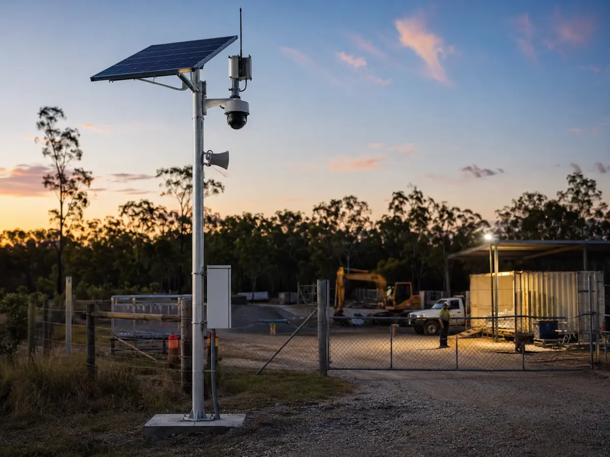 No-power site security with solar powered CCTV wireless connectivity active deterrence and monitoring-ready protection