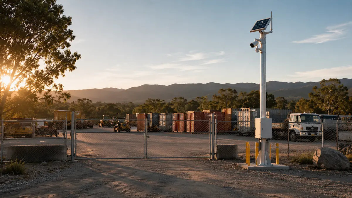 No-power storage yard and equipment site security with solar CCTV and active deterrence
