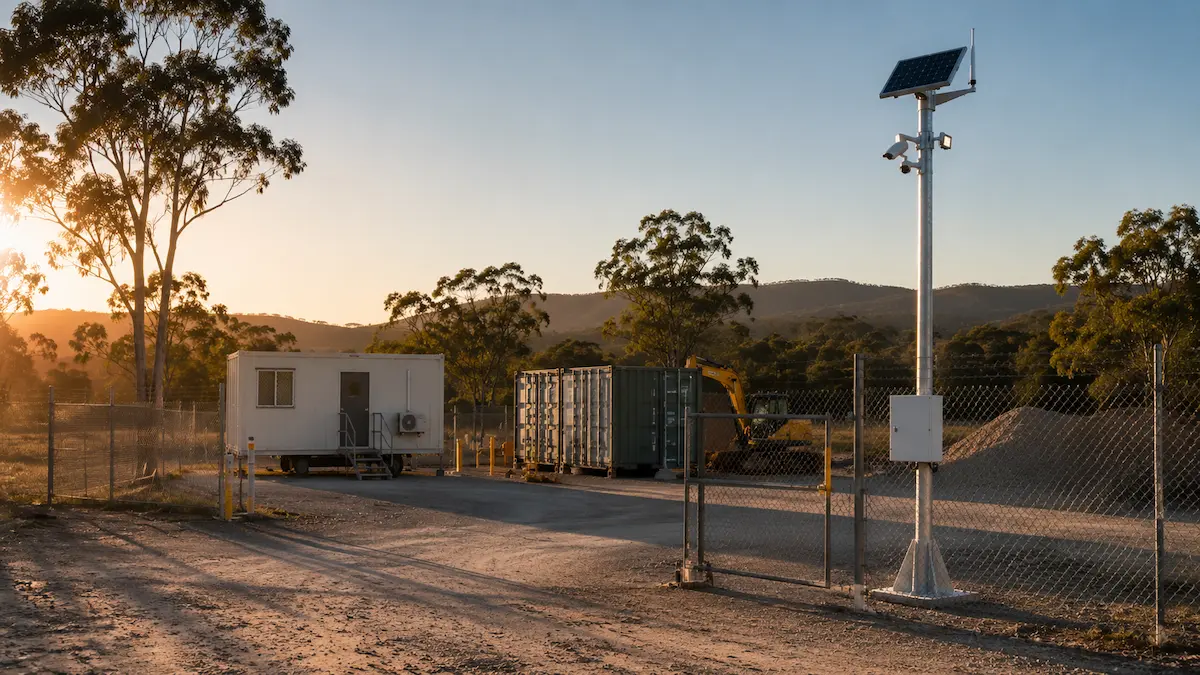 Temporary compound and remote facility security with solar powered surveillance and wireless connectivity