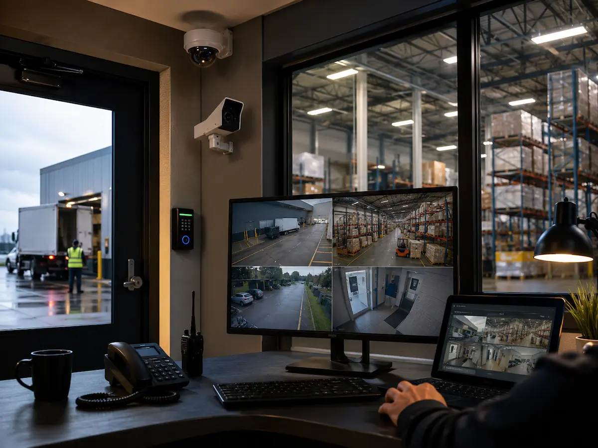 Commercial and industrial security solutions with CCTV access control monitoring and video verification